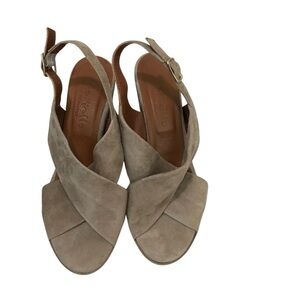 Mariella Suede Open Toe Sling Back Block Heel Sandal Tan 7.5